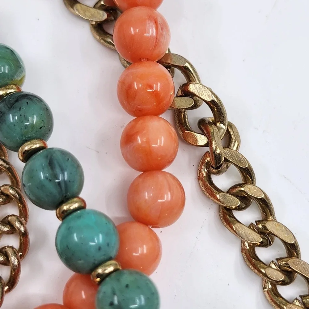 New York & Co. Gold Tone Multi Strand Green Orange Bead Coin Pendant Necklace